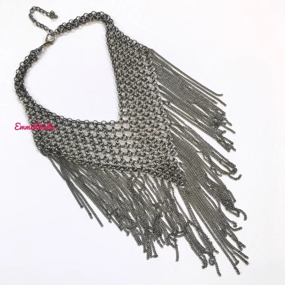 New Maximalist Chainmail Style Fringe Bib Statement Necklace - Picture 11 of 16